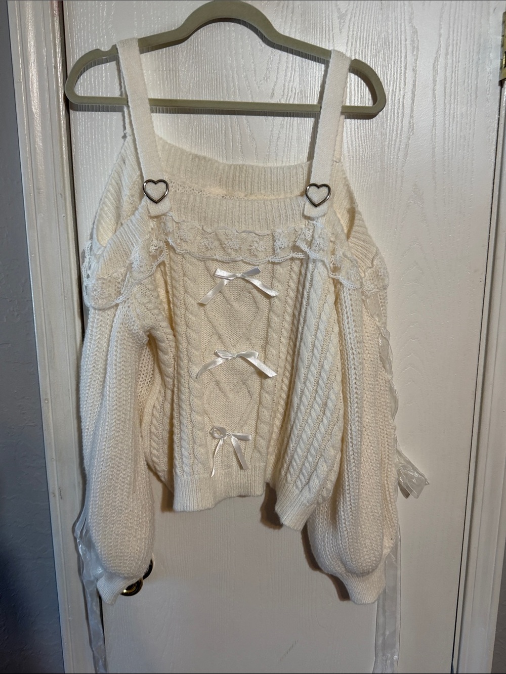 ROMWE Cream Off-Shoulder Cable Knit Sweater with Satin Bows